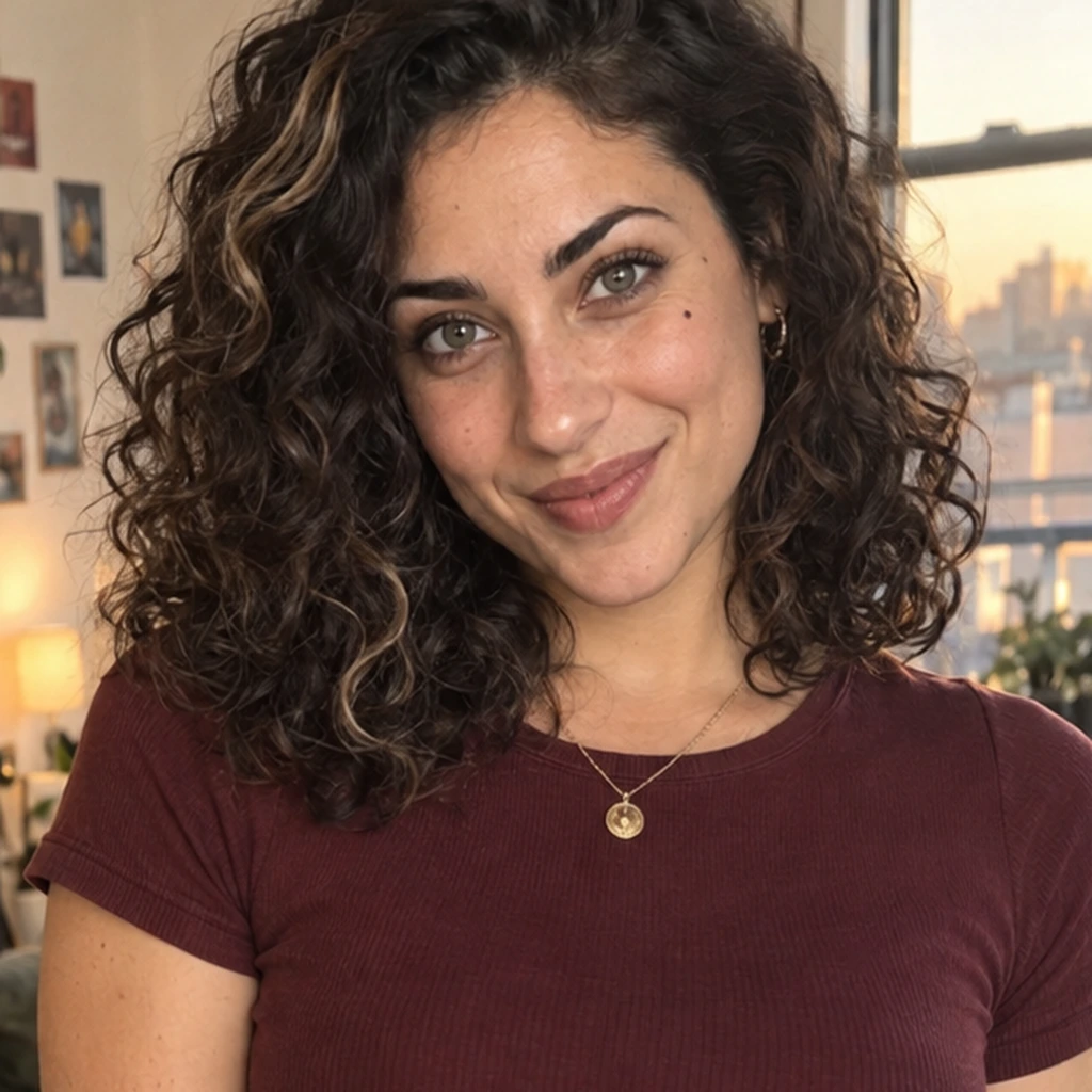Maya, the fictional adult character, smiling in her sunlit apartment